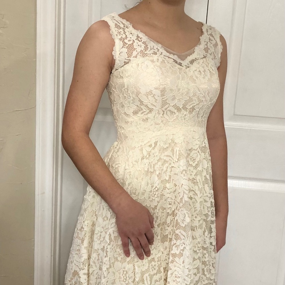 Creme silk with lace overlay high-low dress